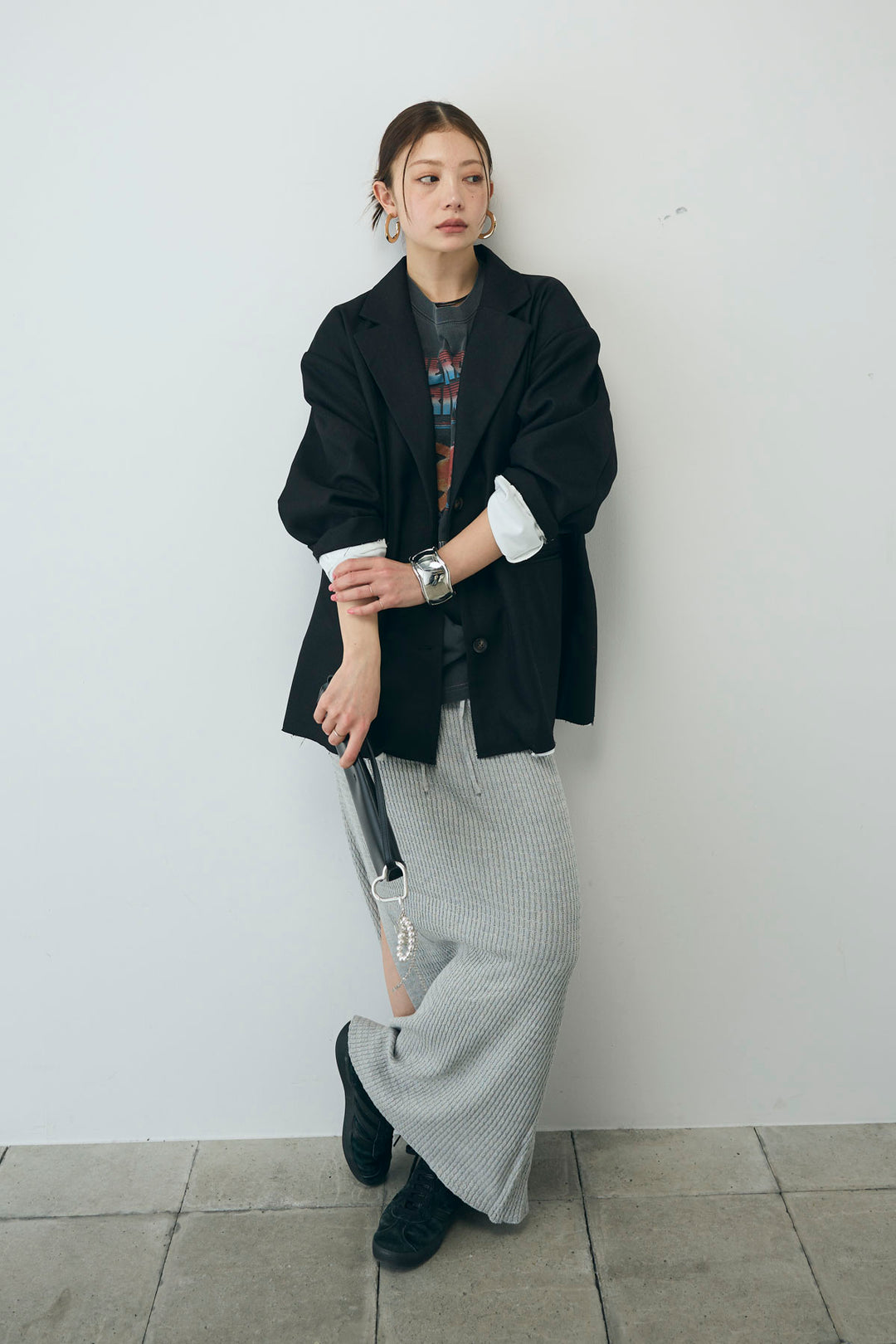 [予約/SET]ヘザーエステルテーラードジャケット+vintage-Tシャツ+スプリングニットスカート(3set)