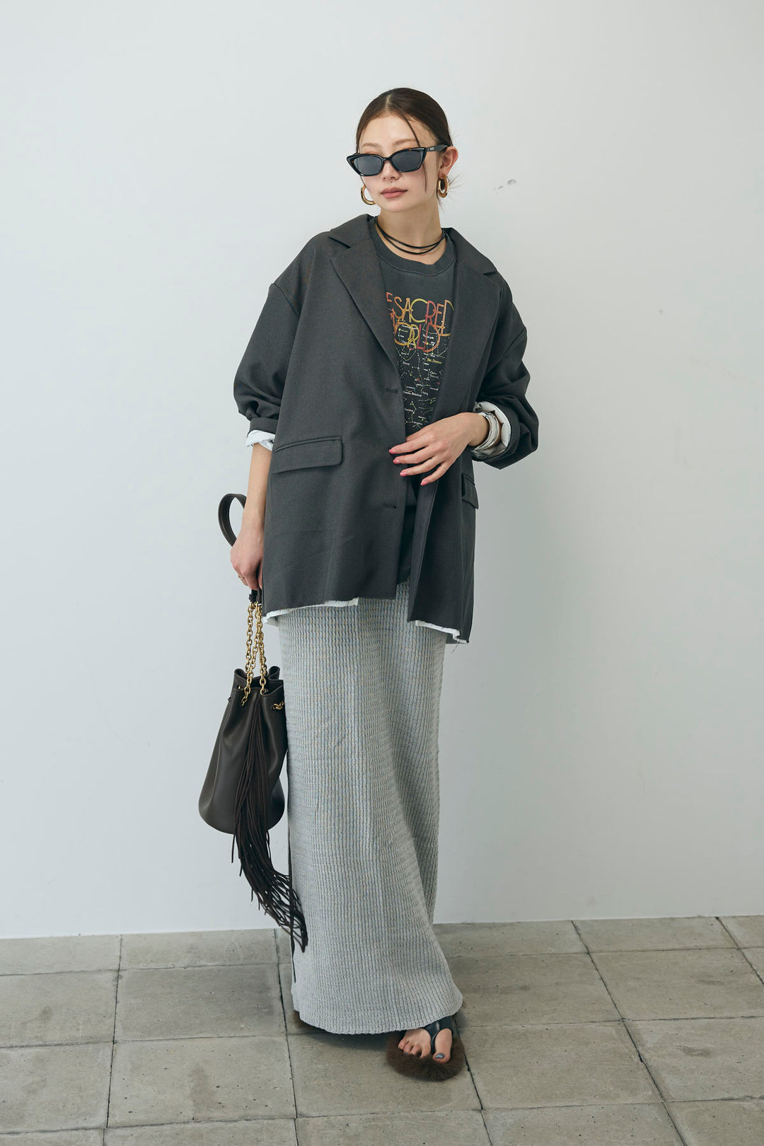 [予約/SET]ヘザーエステルテーラードジャケット+vintage-Tシャツ+スプリングニットスカート(3set)