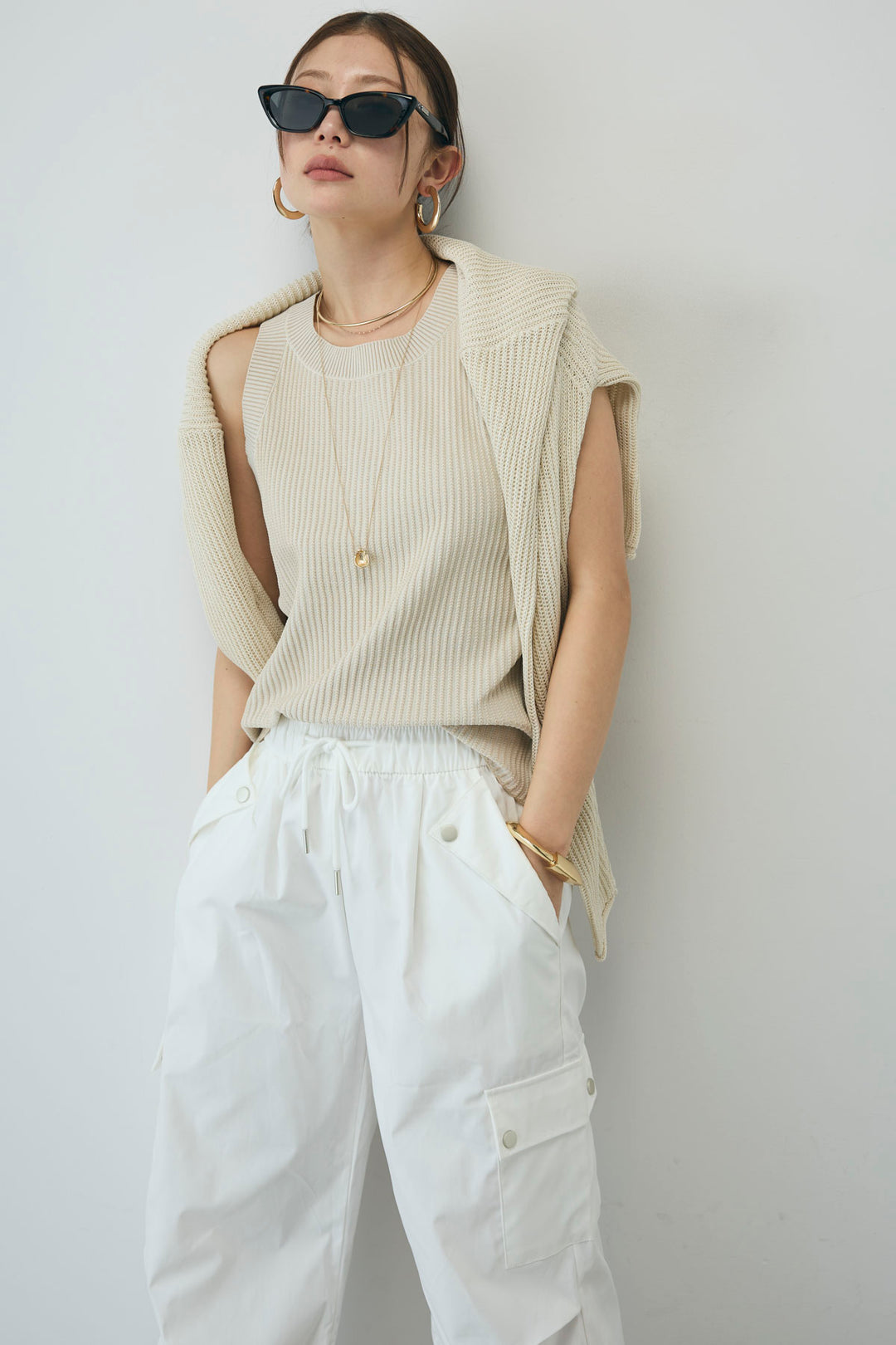 [予約/SET]編柄ノースリーブPO+カーゴパンツ(2set)