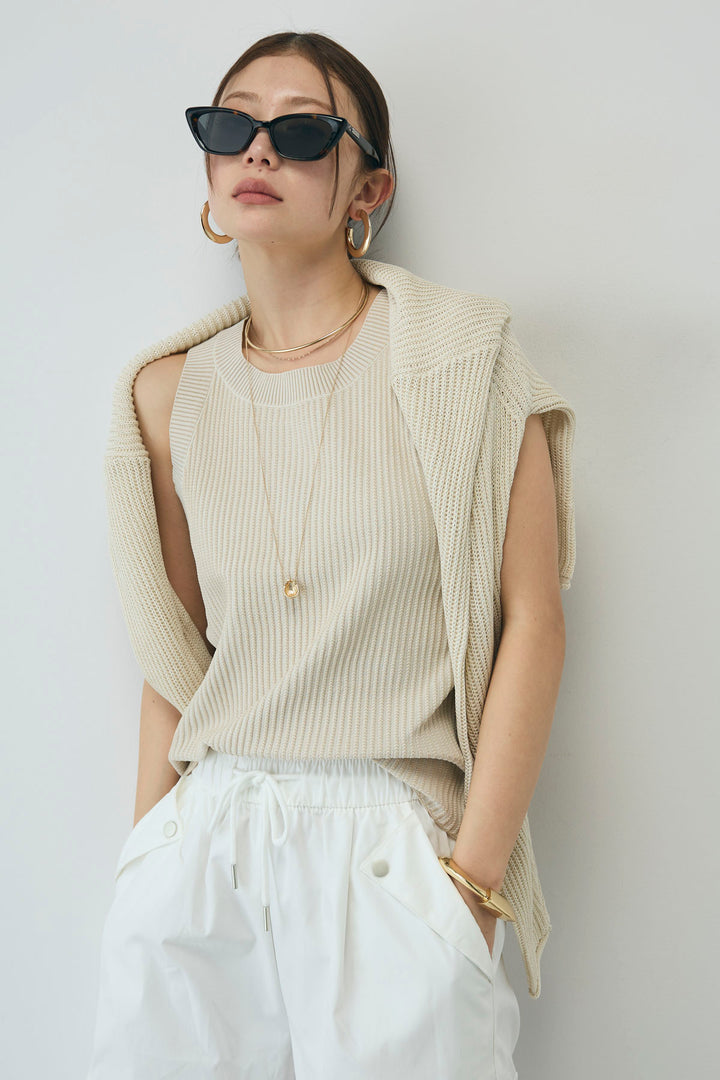 [予約/SET]編柄ノースリーブPO+リネンタッチルーズニットプルオーバー(2set)