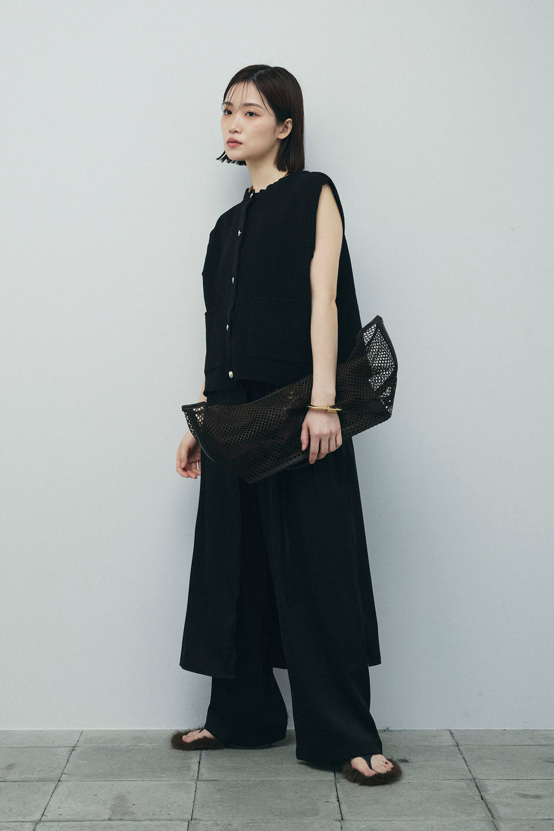 [予約/SET]畦編み金釦ルーズベスト+レイヤードラップパンツ(2set)