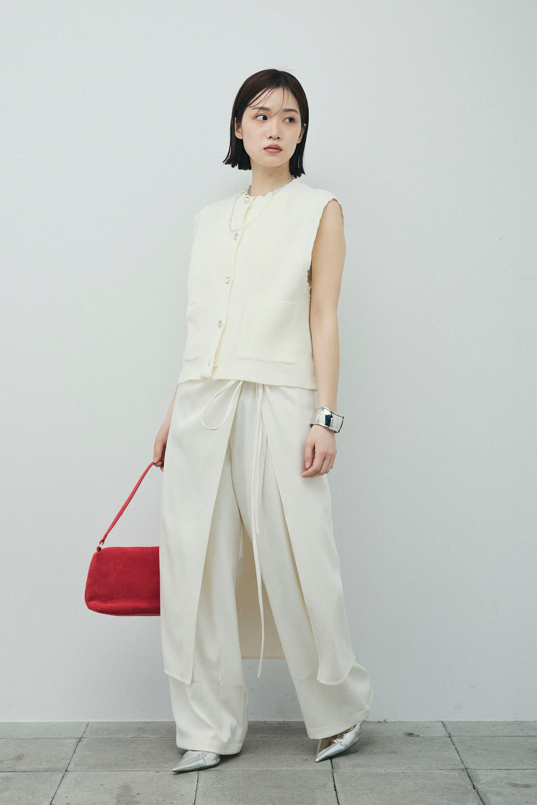 [予約/SET]畦編み金釦ルーズベスト+レイヤードラップパンツ(2set)