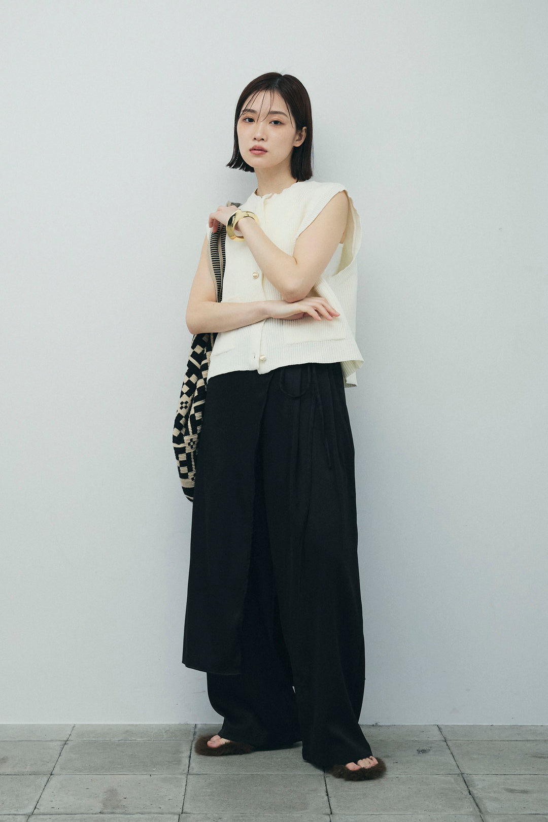 [予約/SET]畦編み金釦ルーズベスト+レイヤードラップパンツ(2set)