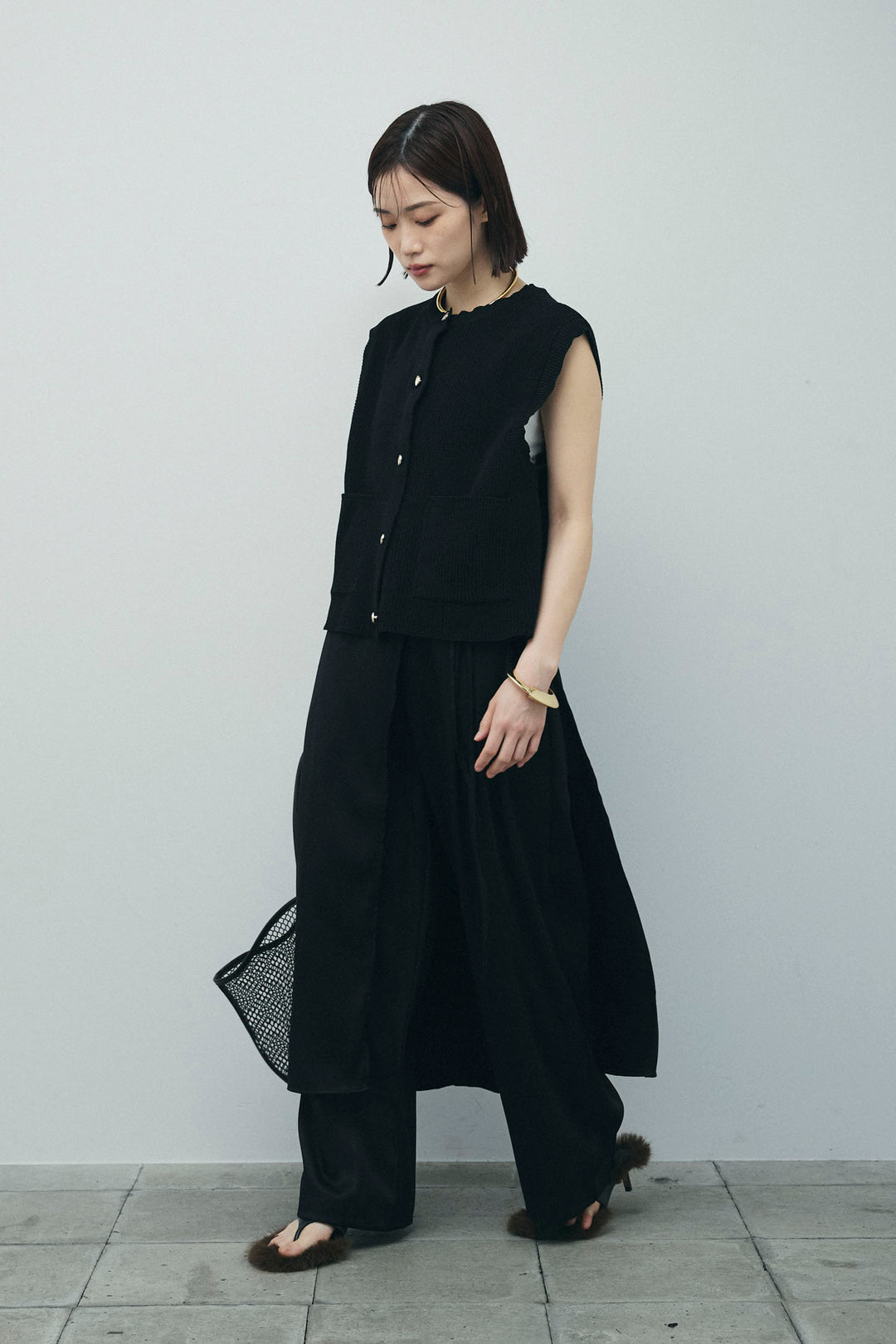 [予約/SET]畦編み金釦ルーズベスト+レイヤードラップパンツ(2set)