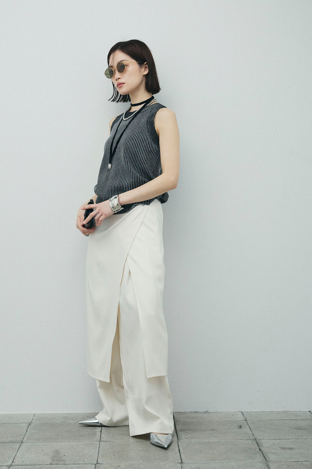 [予約/SET]編柄ノースリーブPO+レイヤードラップパンツ(2set)