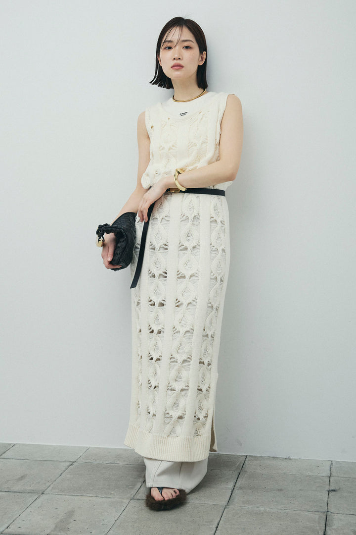 [予約/SET]ミックス編みニットワンピース+フロントロゴ入りリブタンクトップ+ヘザーエステルカーブパンツ(3set)