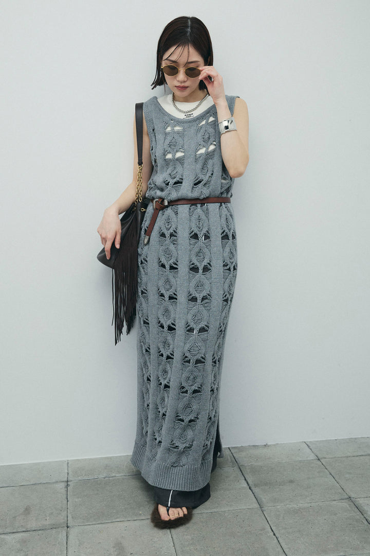 [予約/SET]ミックス編みニットワンピース+フロントロゴ入りリブタンクトップ+ヘザーエステルカーブパンツ(3set)