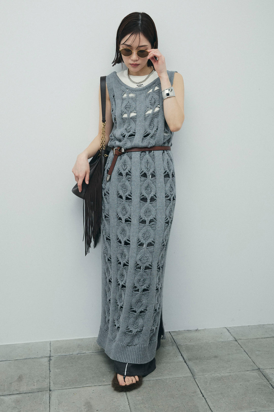 [予約/SET]ミックス編みニットワンピース+ヘザーエステルカーブパンツ(2set)