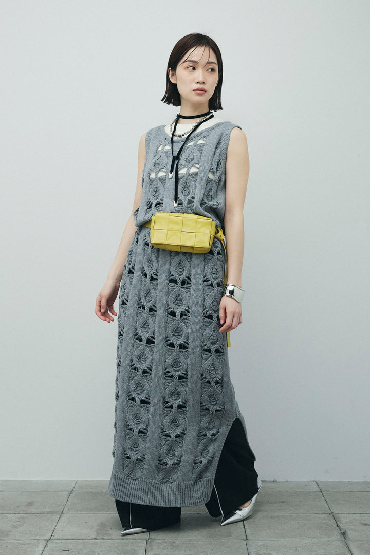 [予約/SET]ミックス編みニットワンピース+フロントロゴ入りリブタンクトップ+ヘザーエステルカーブパンツ(3set)