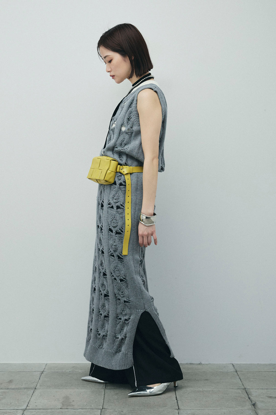 [予約/SET]ミックス編みニットワンピース+フロントロゴ入りリブタンクトップ+ヘザーエステルカーブパンツ(3set)