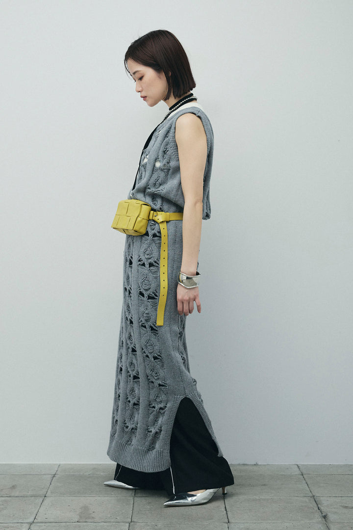 [予約/SET]ミックス編みニットワンピース+フロントロゴ入りリブタンクトップ+ヘザーエステルカーブパンツ(3set)