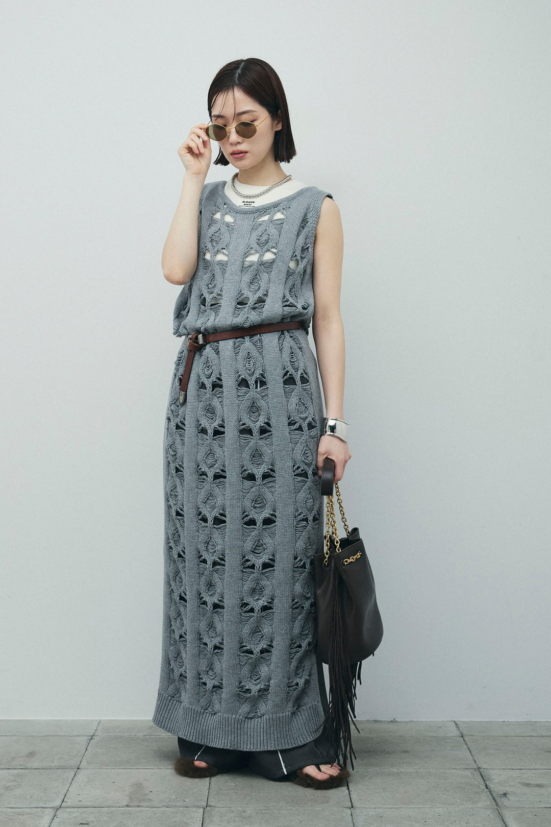 [予約/SET]ミックス編みニットワンピース+ヘザーエステルカーブパンツ(2set)