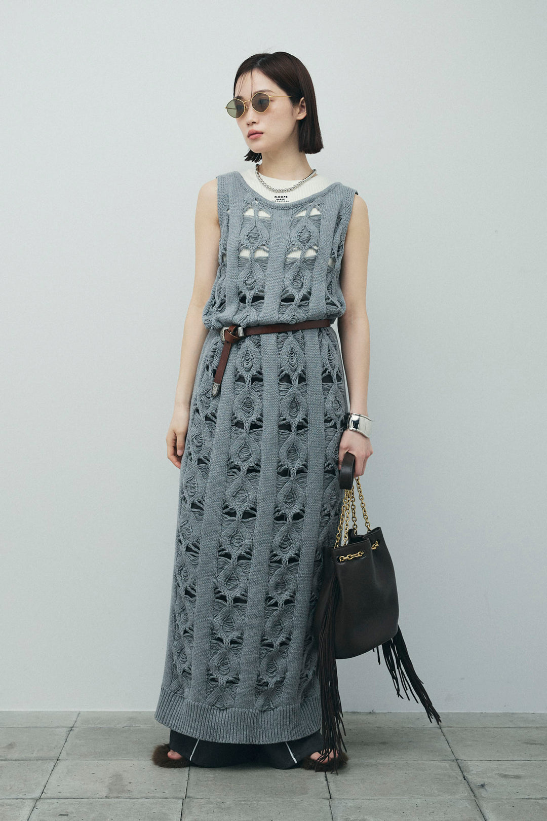 [予約/SET]ミックス編みニットワンピース+フロントロゴ入りリブタンクトップ+ヘザーエステルカーブパンツ(3set)