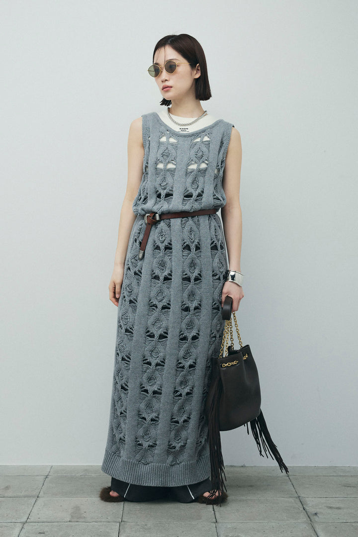 [予約/SET]ミックス編みニットワンピース+フロントロゴ入りリブタンクトップ+ヘザーエステルカーブパンツ(3set)