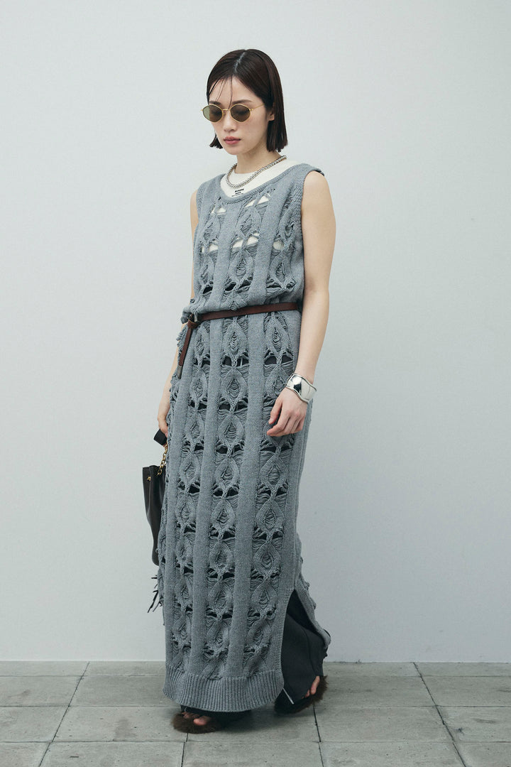 [予約/SET]ミックス編みニットワンピース+フロントロゴ入りリブタンクトップ+ヘザーエステルカーブパンツ(3set)