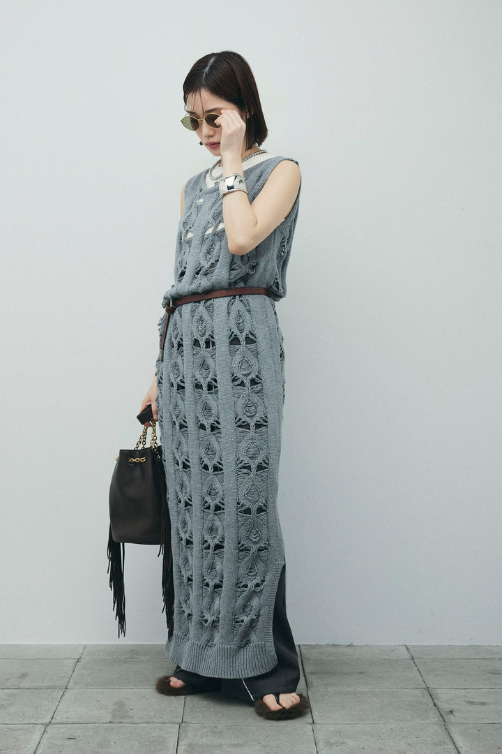 [予約/SET]ミックス編みニットワンピース+フロントロゴ入りリブタンクトップ+ヘザーエステルカーブパンツ(3set)