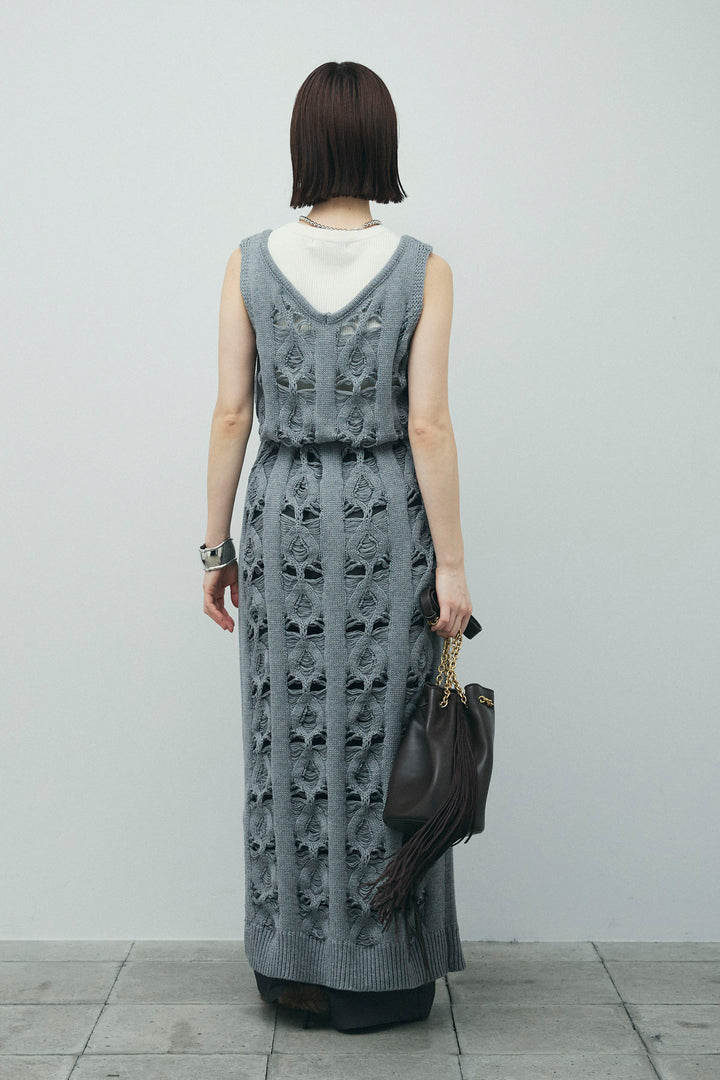 [予約/SET]ミックス編みニットワンピース+フロントロゴ入りリブタンクトップ+ヘザーエステルカーブパンツ(3set)