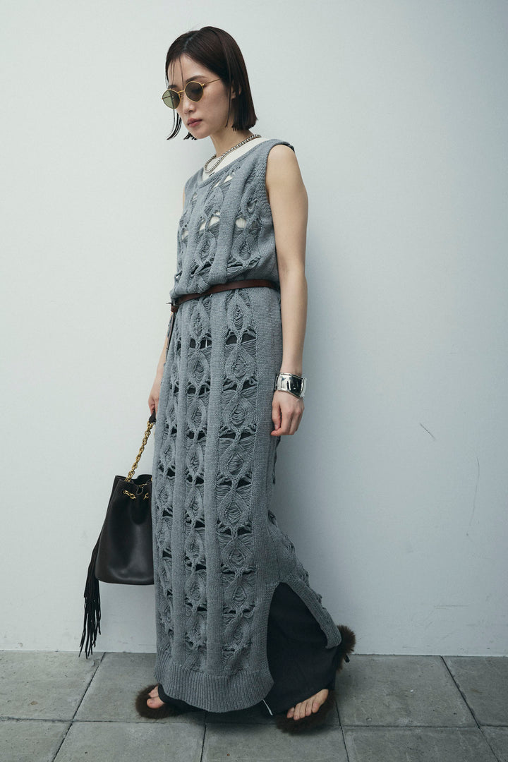 [予約/SET]ミックス編みニットワンピース+フロントロゴ入りリブタンクトップ+ヘザーエステルカーブパンツ(3set)