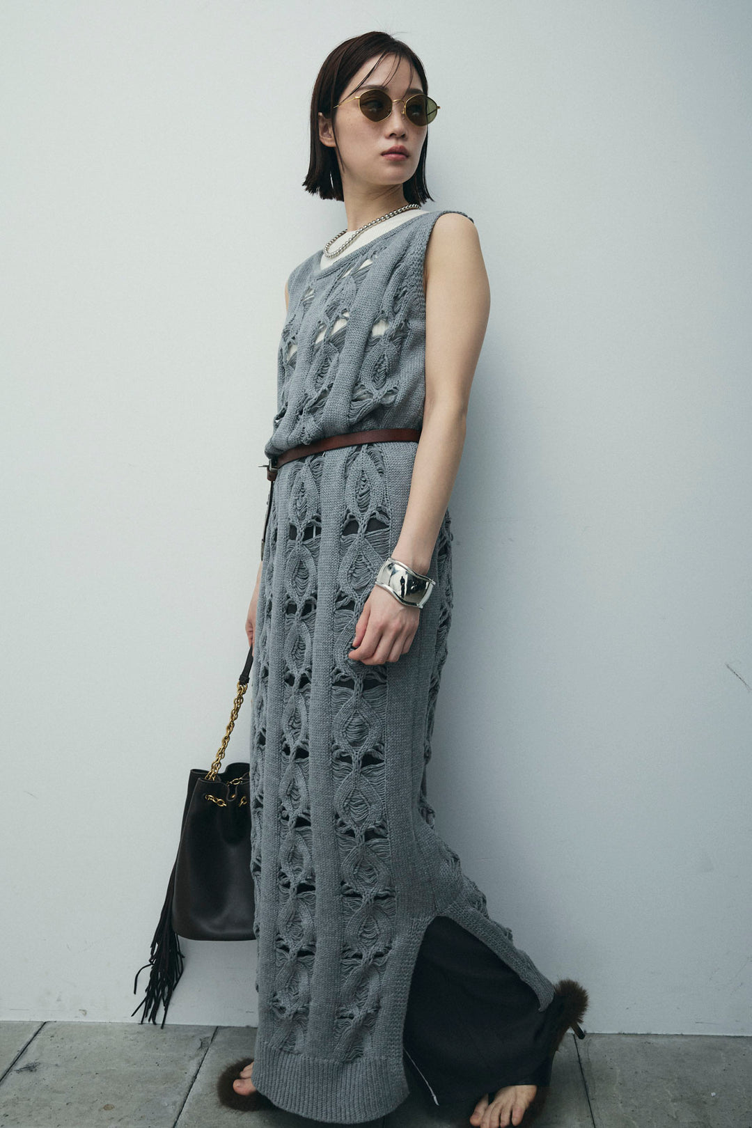 [予約/SET]ミックス編みニットワンピース+フロントロゴ入りリブタンクトップ+ヘザーエステルカーブパンツ(3set)