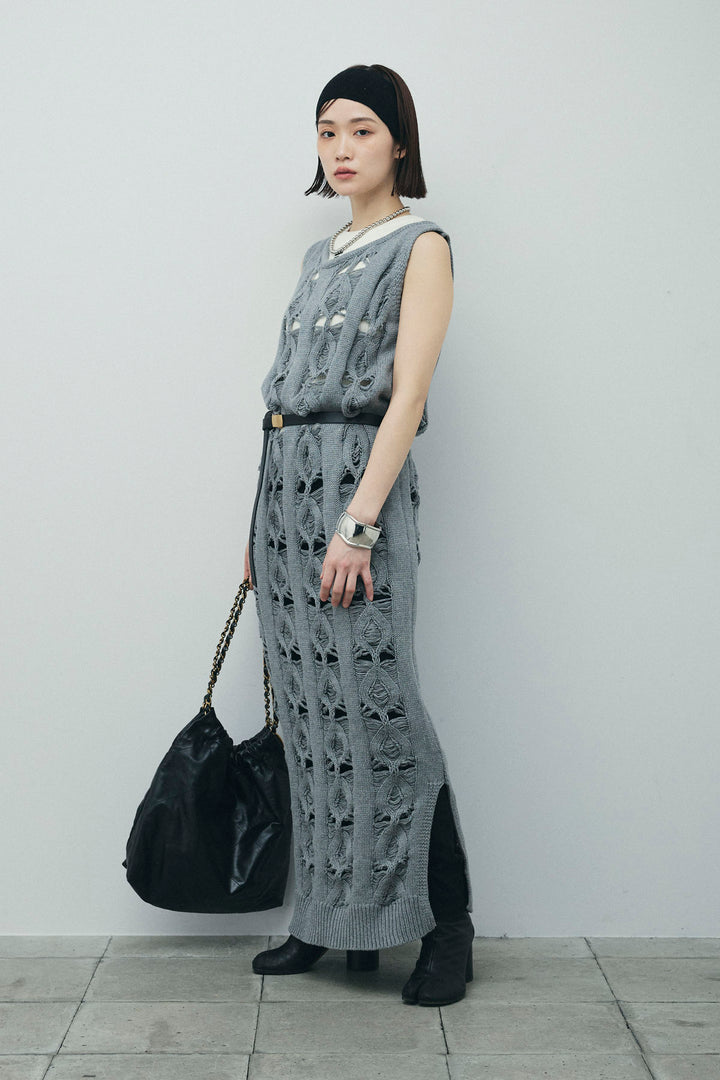 [予約/SET]ミックス編みニットワンピース+フロントロゴ入りリブタンクトップ+ハイウエストスキニーレギンス(3set)