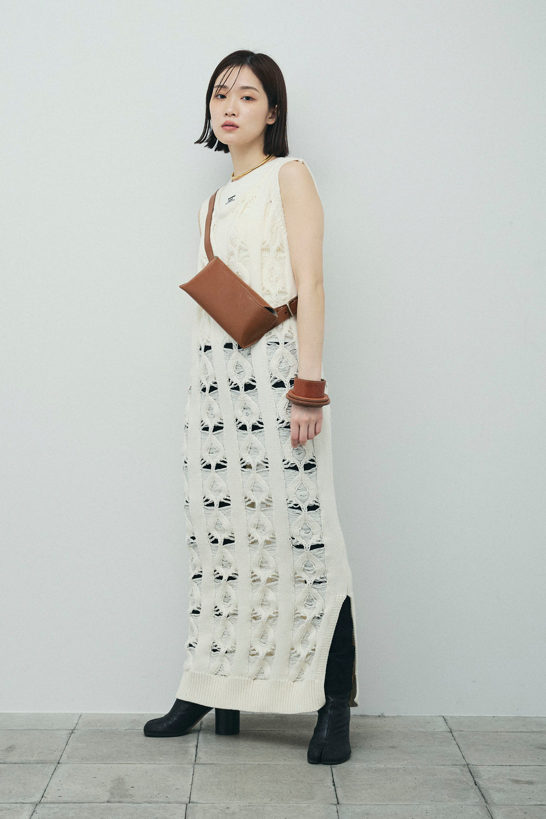 [予約/SET]ミックス編みニットワンピース+フロントロゴ入りリブタンクトップ+ハイウエストスキニーレギンス(3set)