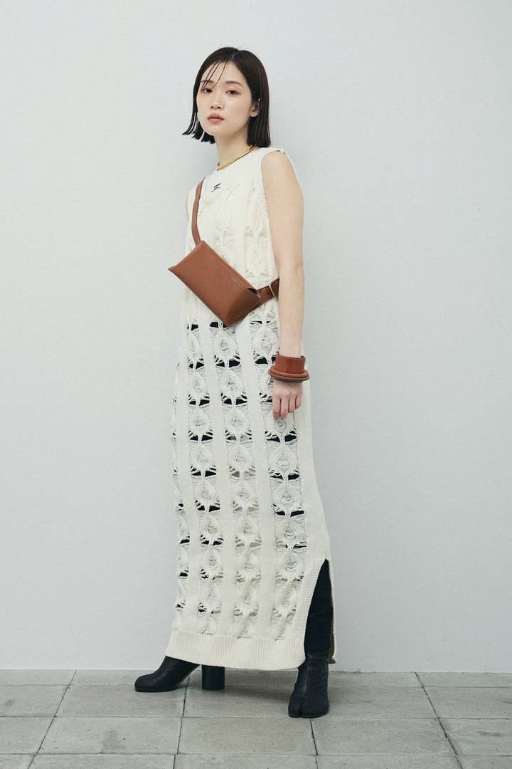 [予約/SET]ミックス編みニットワンピース+フロントロゴ入りリブタンクトップ+ハイウエストスキニーレギンス(3set)