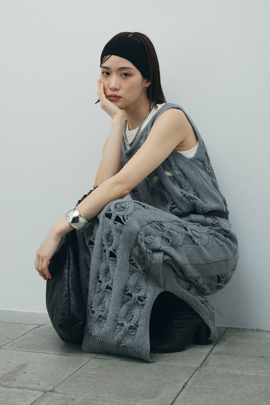 [予約/SET]ミックス編みニットワンピース+フロントロゴ入りリブタンクトップ+ハイウエストスキニーレギンス(3set)