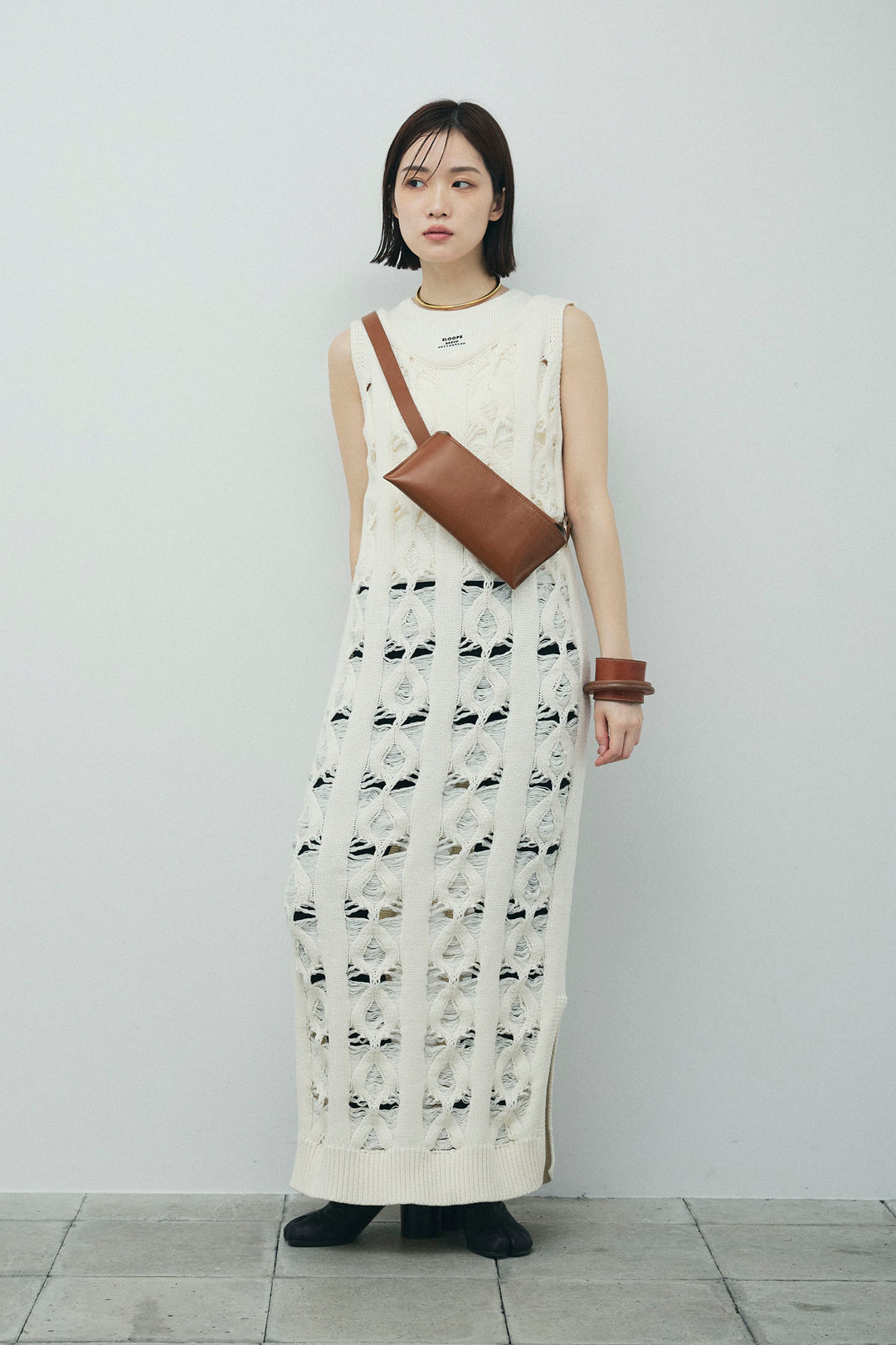 [予約/SET]ミックス編みニットワンピース+フロントロゴ入りリブタンクトップ+ハイウエストスキニーレギンス(3set)