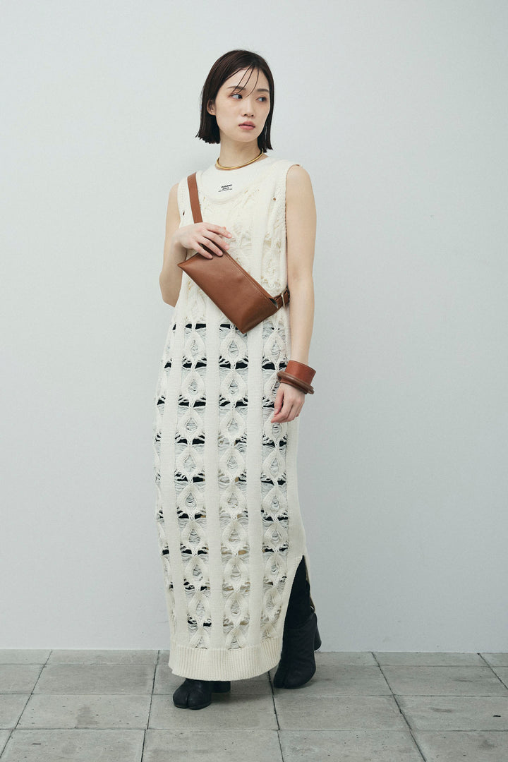 [予約/SET]ミックス編みニットワンピース+フロントロゴ入りリブタンクトップ+ハイウエストスキニーレギンス(3set)