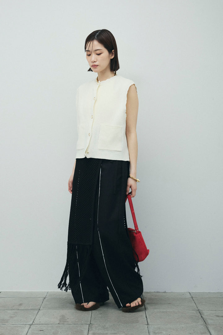 [予約/SET]畦編み金釦ルーズベスト+ヘザーエステルカーブパンツ+メッシュラップスカート(3set)