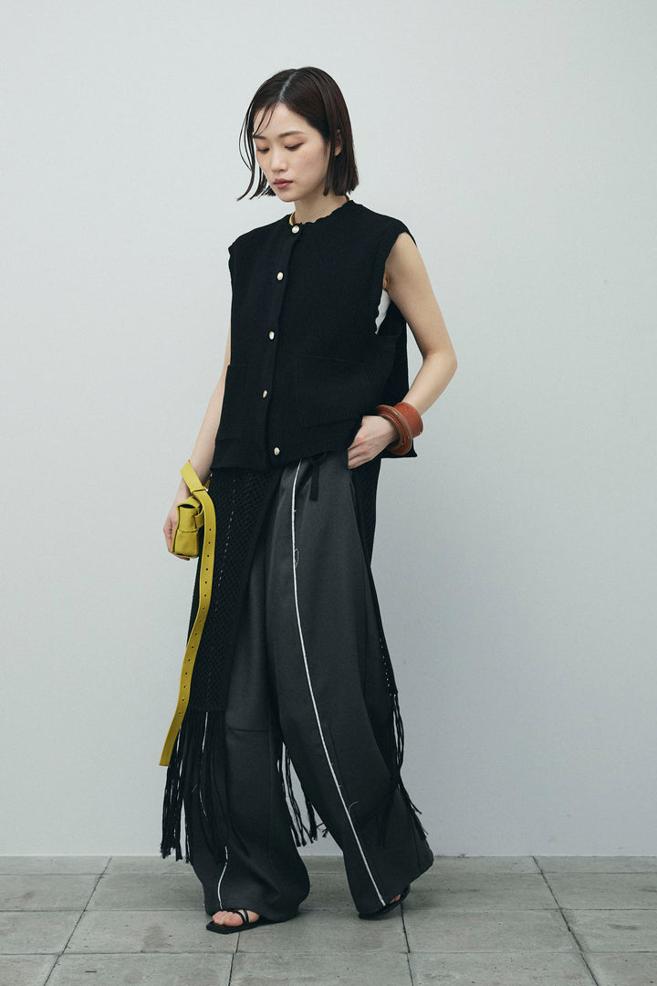 [予約/SET]畦編み金釦ルーズベスト+ヘザーエステルカーブパンツ+メッシュラップスカート(3set)