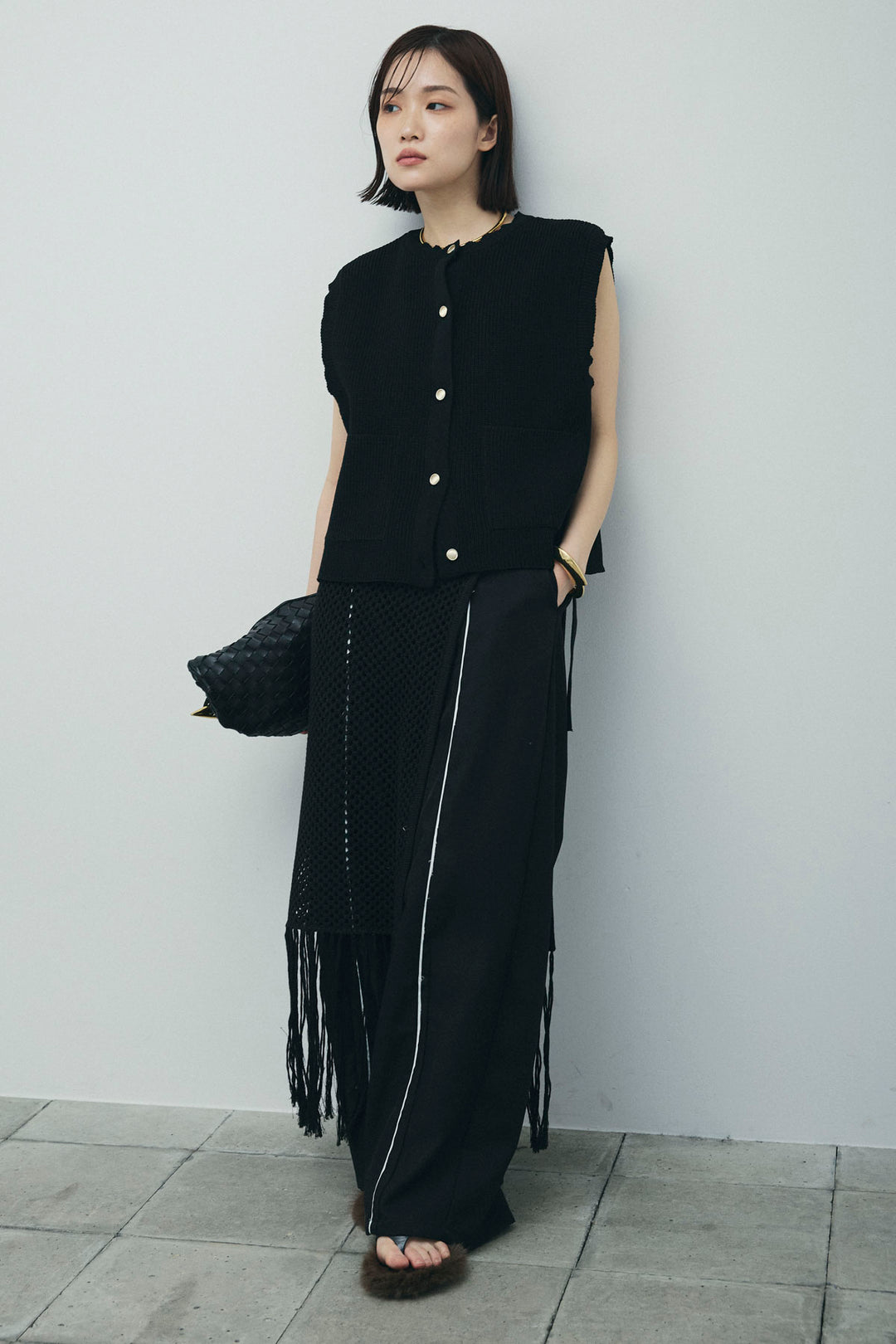 [予約/SET]畦編み金釦ルーズベスト+ヘザーエステルカーブパンツ+メッシュラップスカート(3set)