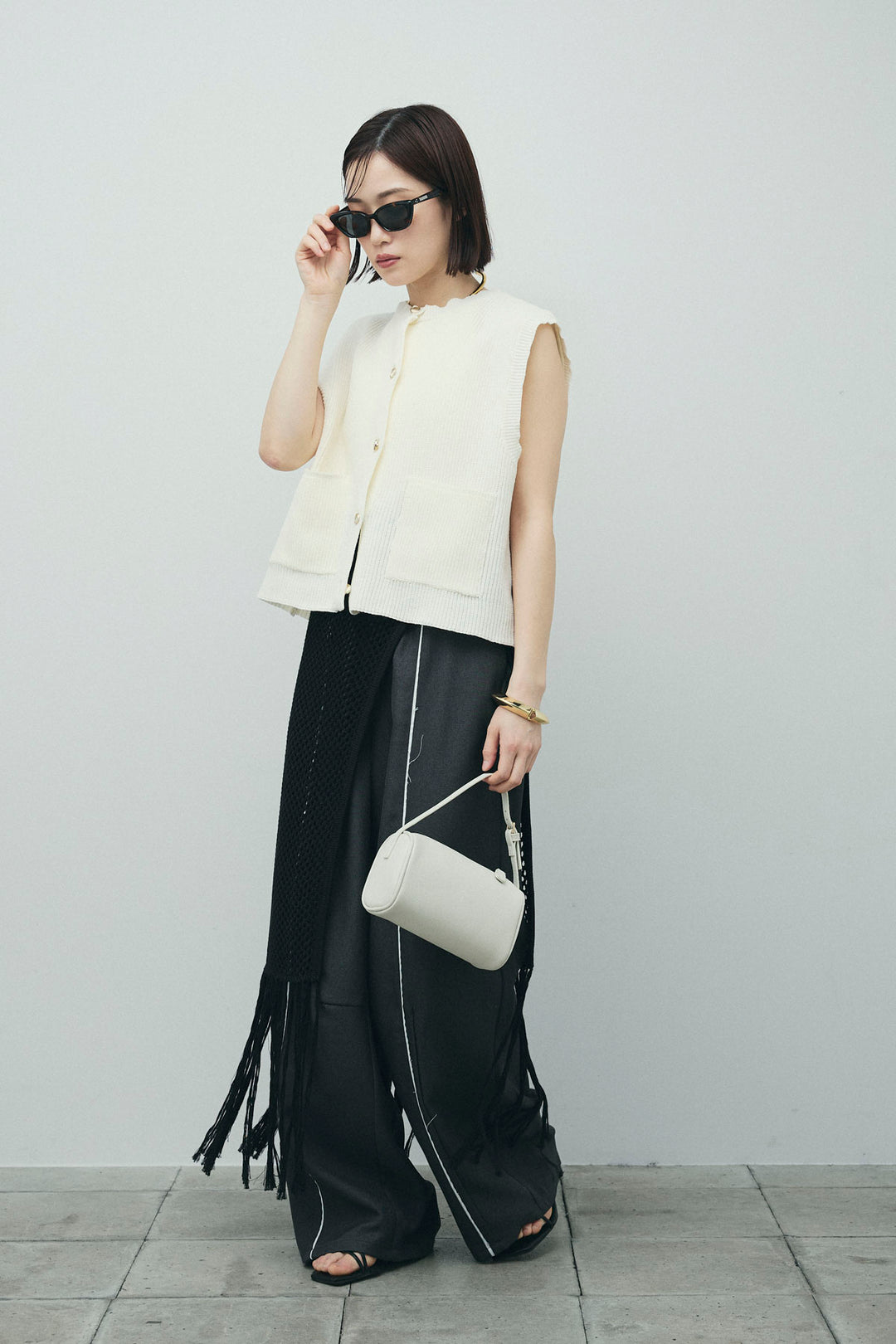 [予約/SET]畦編み金釦ルーズベスト+ヘザーエステルカーブパンツ+メッシュラップスカート(3set)