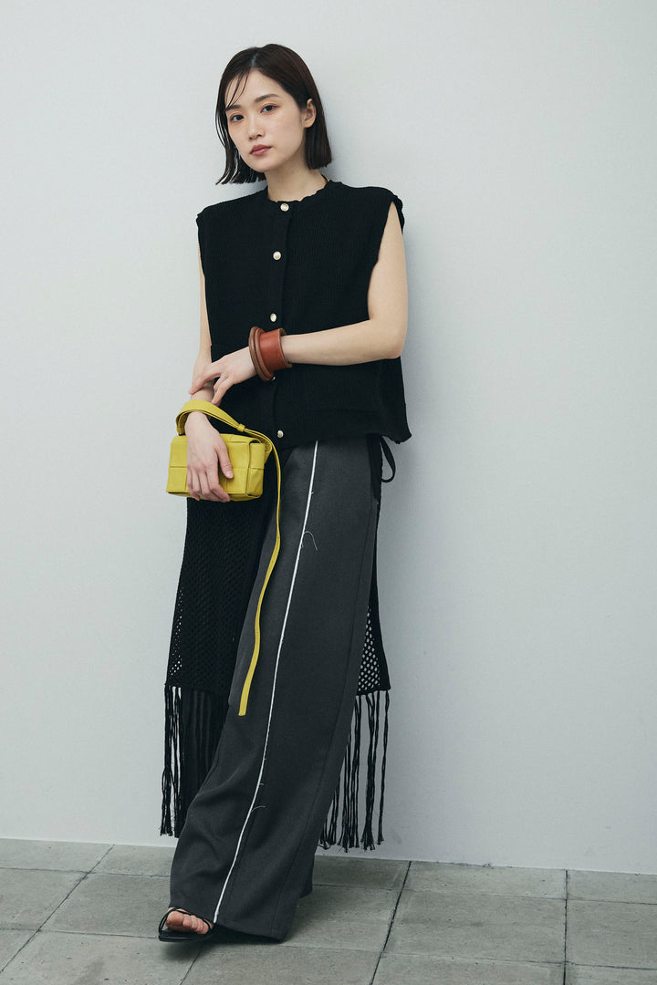 [予約/SET]畦編み金釦ルーズベスト+ヘザーエステルカーブパンツ+メッシュラップスカート(3set)