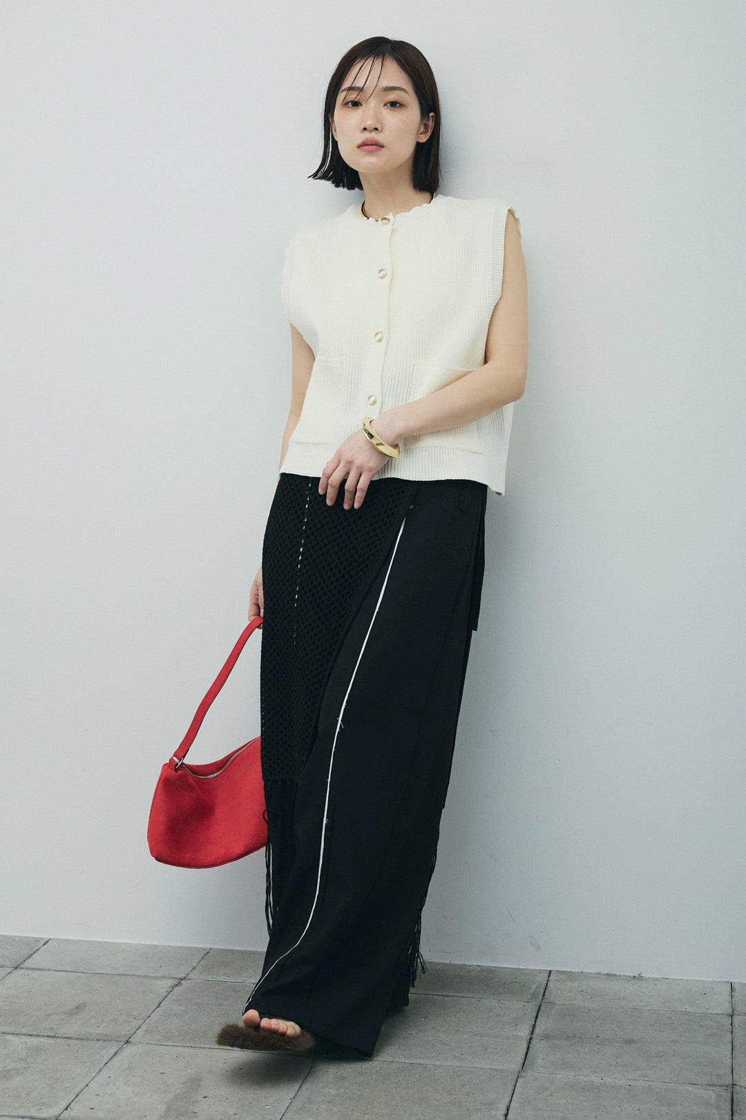 [予約/SET]畦編み金釦ルーズベスト+ヘザーエステルカーブパンツ+メッシュラップスカート(3set)