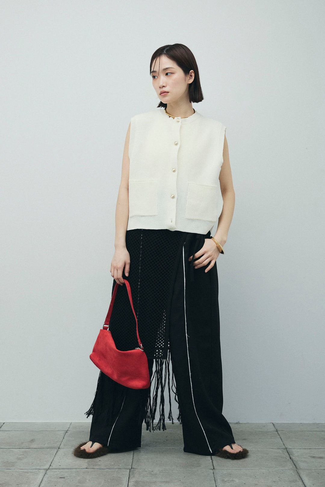 [予約/SET]畦編み金釦ルーズベスト+ヘザーエステルカーブパンツ+メッシュラップスカート(3set)