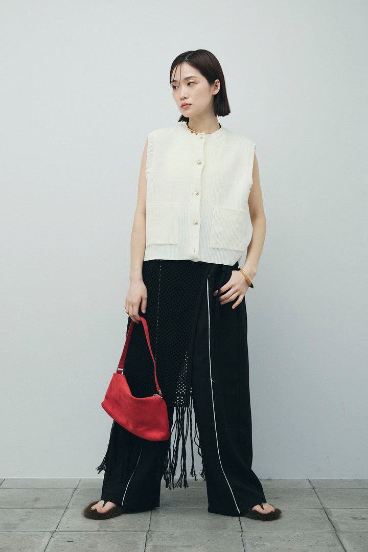 [予約/SET]畦編み金釦ルーズベスト+ヘザーエステルカーブパンツ+メッシュラップスカート(3set)