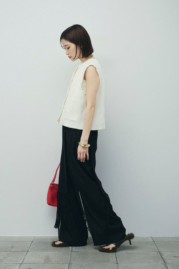 [予約/SET]畦編み金釦ルーズベスト+ヘザーエステルカーブパンツ+メッシュラップスカート(3set)