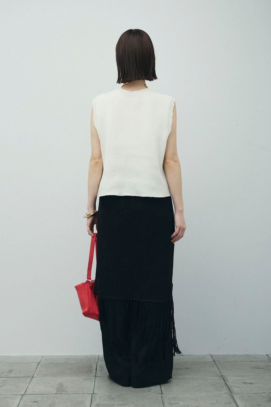 [予約/SET]畦編み金釦ルーズベスト+ヘザーエステルカーブパンツ+メッシュラップスカート(3set)