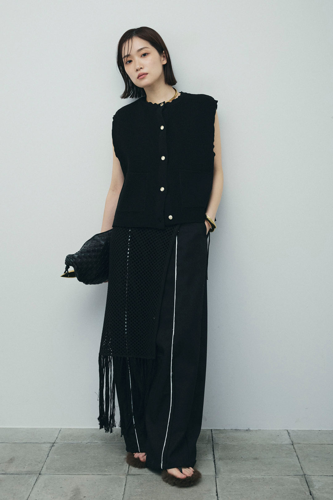 [予約/SET]畦編み金釦ルーズベスト+ヘザーエステルカーブパンツ(2set)