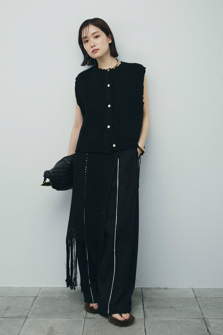 [予約/SET]畦編み金釦ルーズベスト+ヘザーエステルカーブパンツ+メッシュラップスカート(3set)