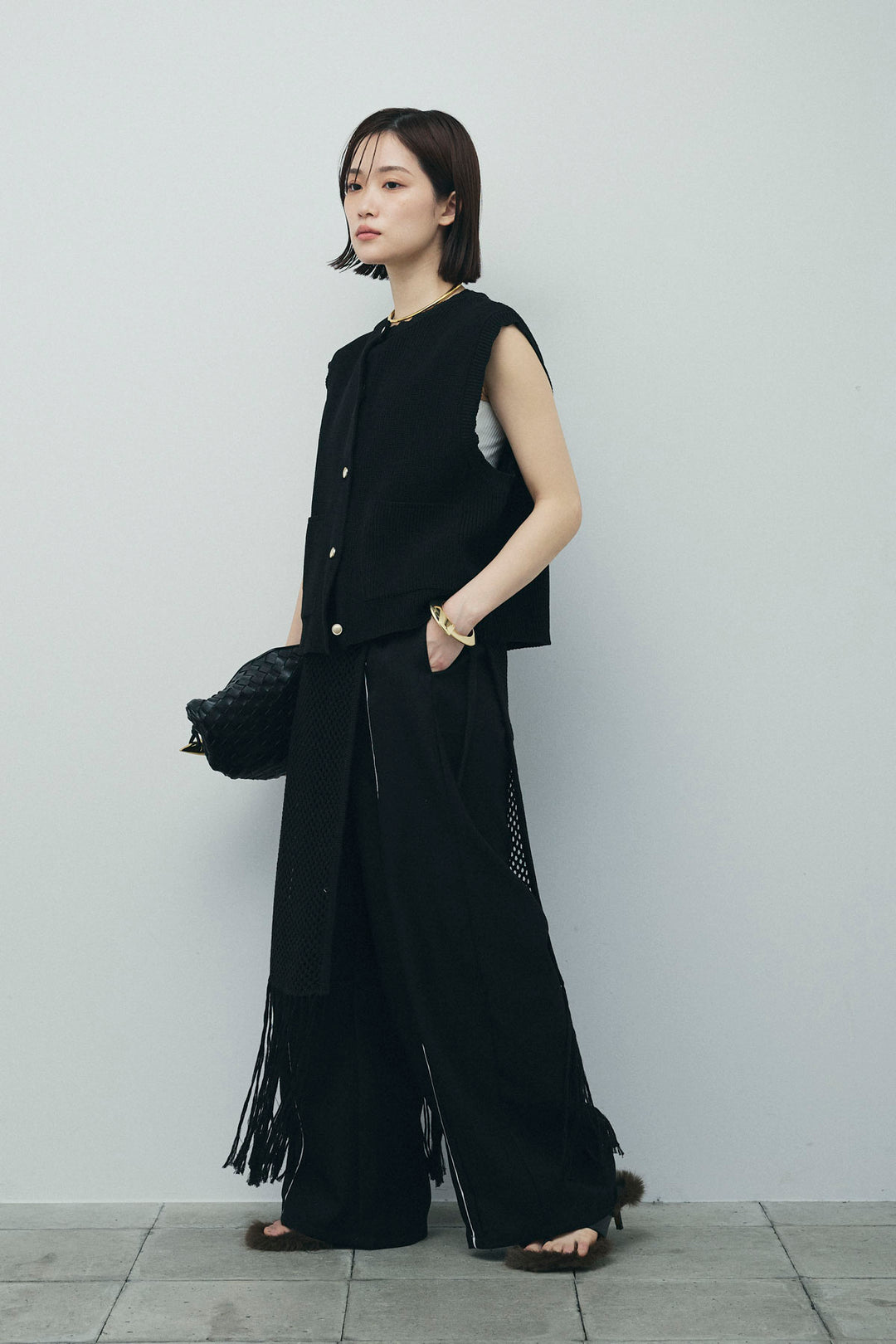 [予約/SET]畦編み金釦ルーズベスト+ヘザーエステルカーブパンツ(2set)