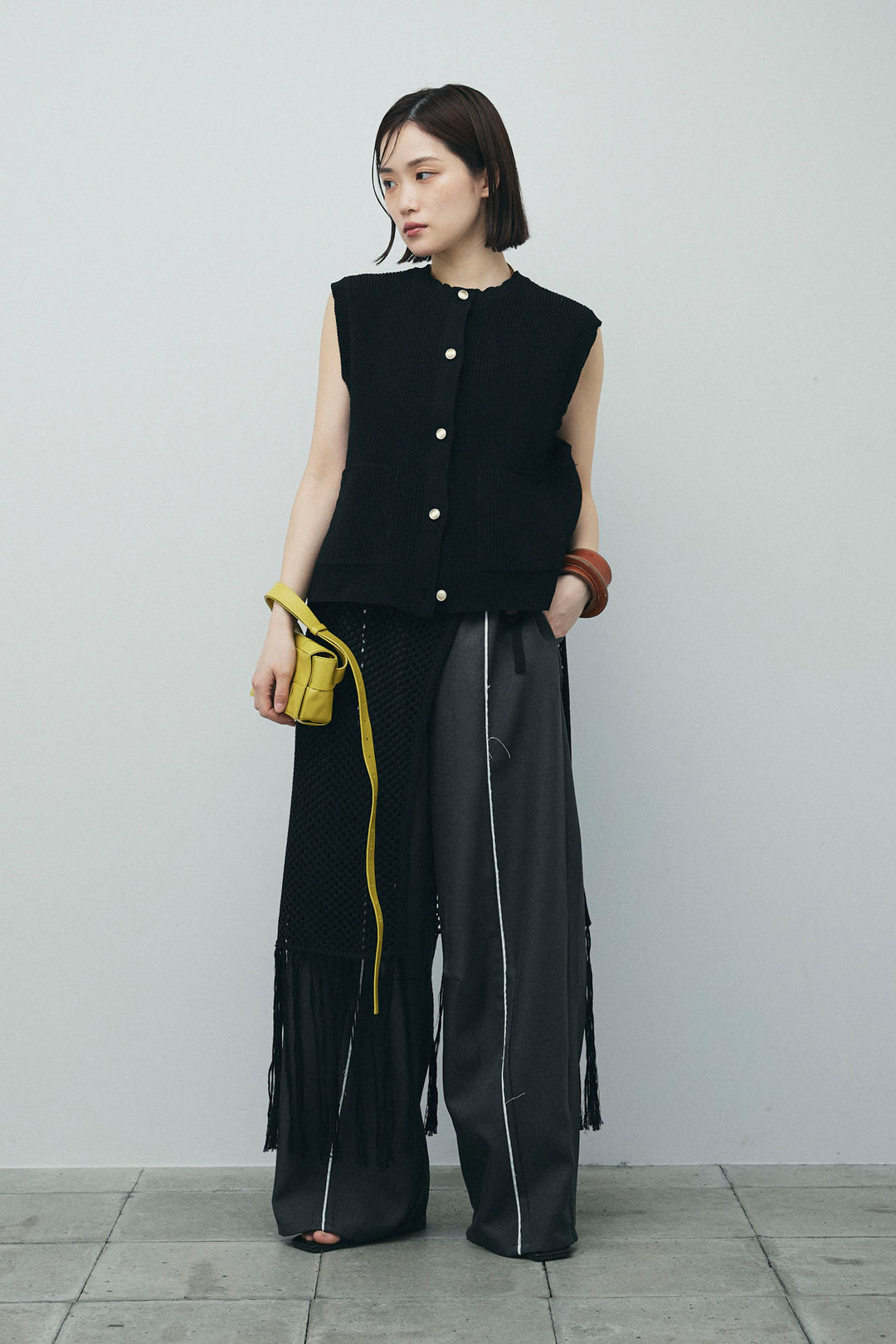 [予約/SET]畦編み金釦ルーズベスト+ヘザーエステルカーブパンツ+メッシュラップスカート(3set)