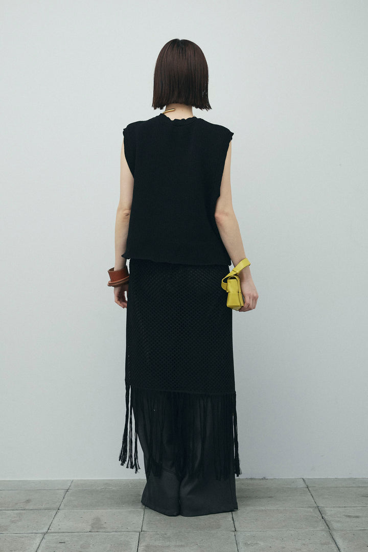 [予約/SET]畦編み金釦ルーズベスト+ヘザーエステルカーブパンツ+メッシュラップスカート(3set)