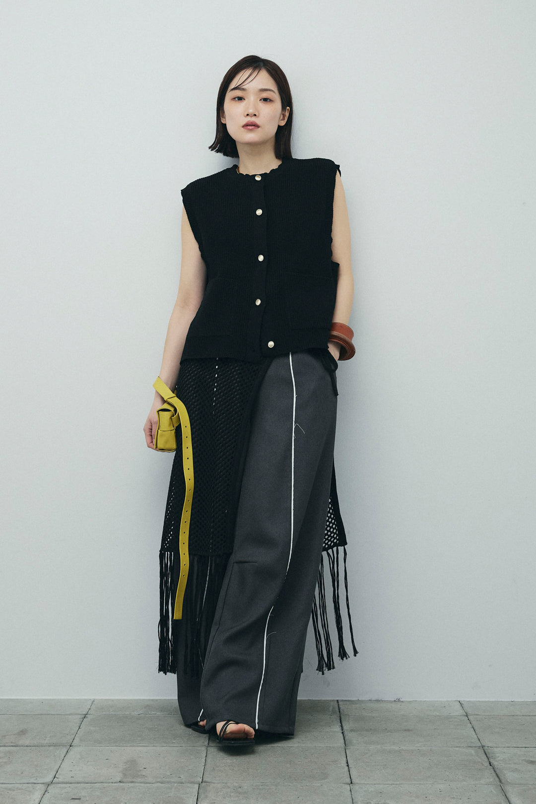 [予約/SET]畦編み金釦ルーズベスト+ヘザーエステルカーブパンツ+メッシュラップスカート(3set)