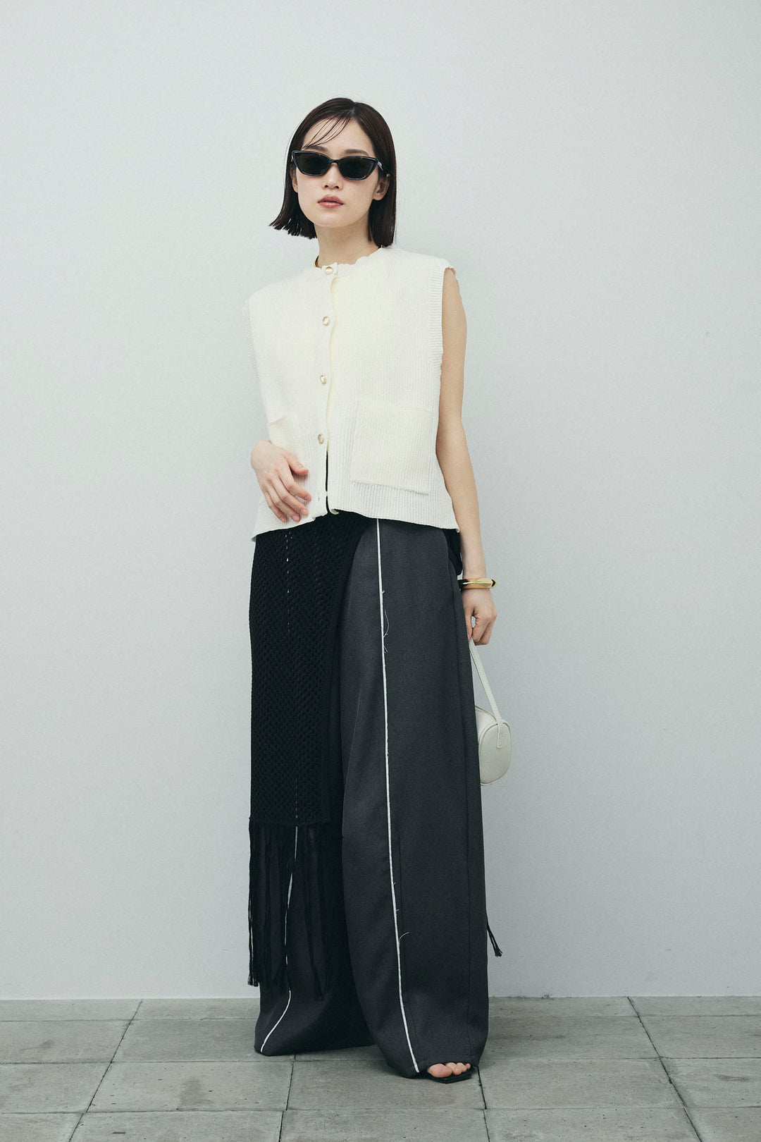 [予約/SET]畦編み金釦ルーズベスト+ヘザーエステルカーブパンツ+メッシュラップスカート(3set)