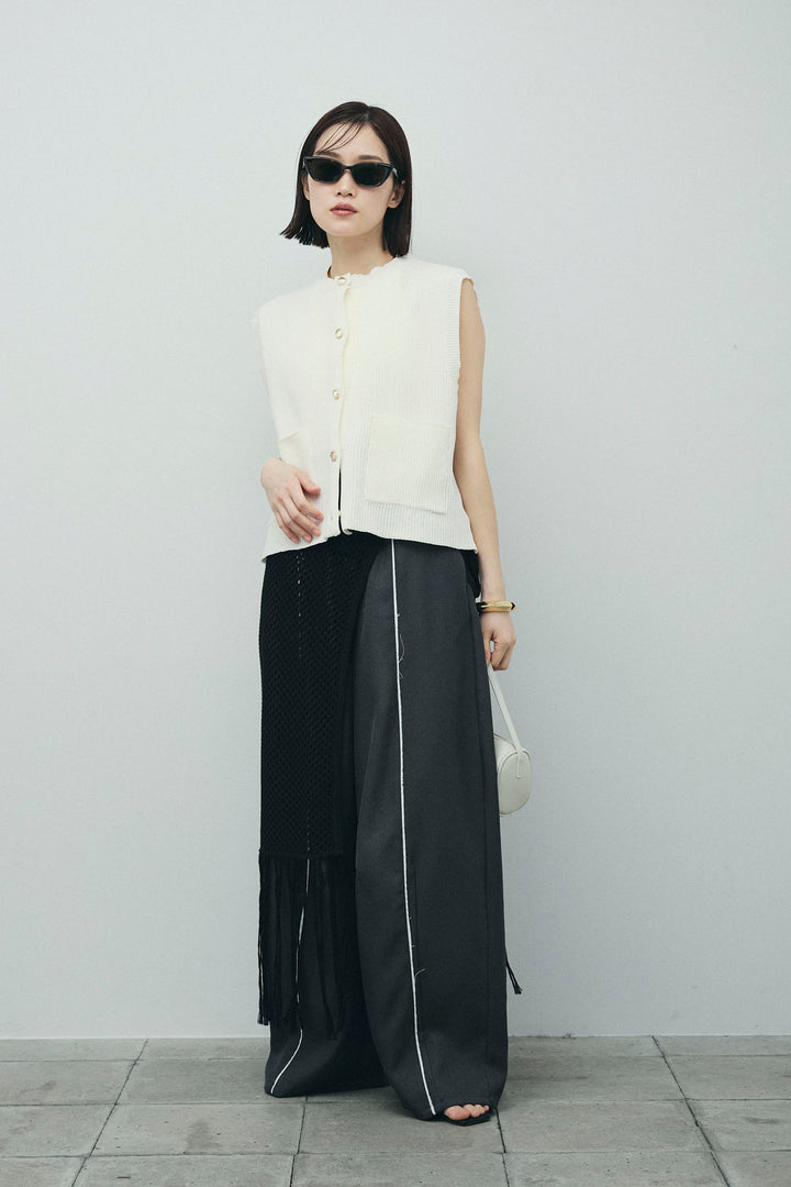 [予約/SET]畦編み金釦ルーズベスト+ヘザーエステルカーブパンツ+メッシュラップスカート(3set)