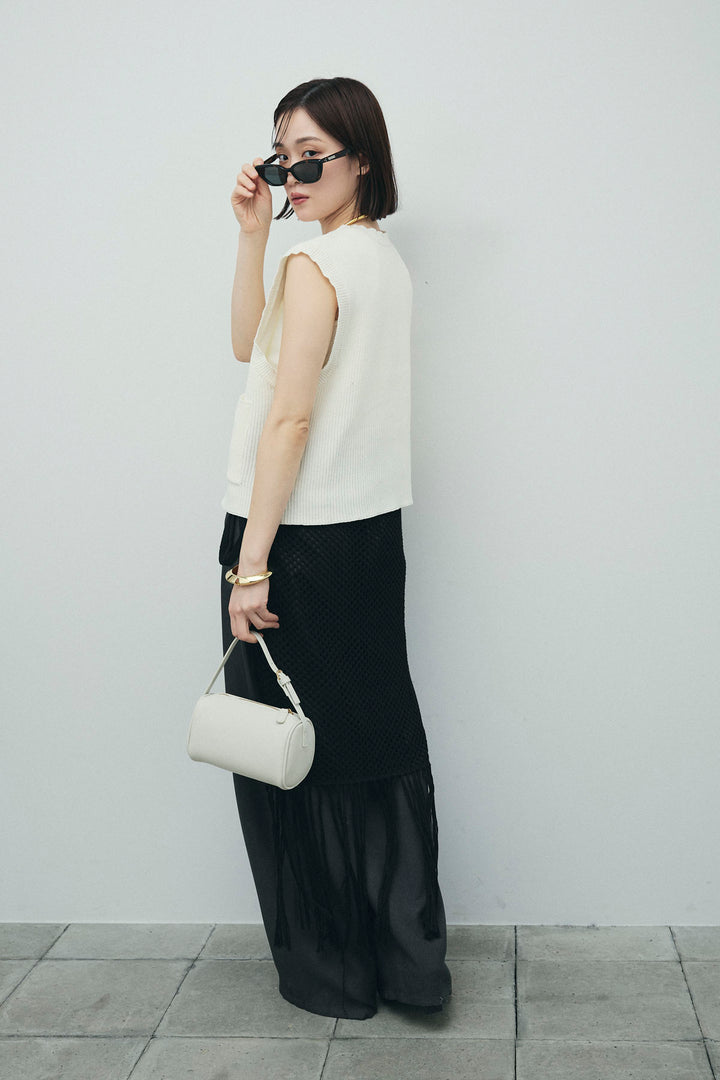 [予約/SET]畦編み金釦ルーズベスト+ヘザーエステルカーブパンツ+メッシュラップスカート(3set)