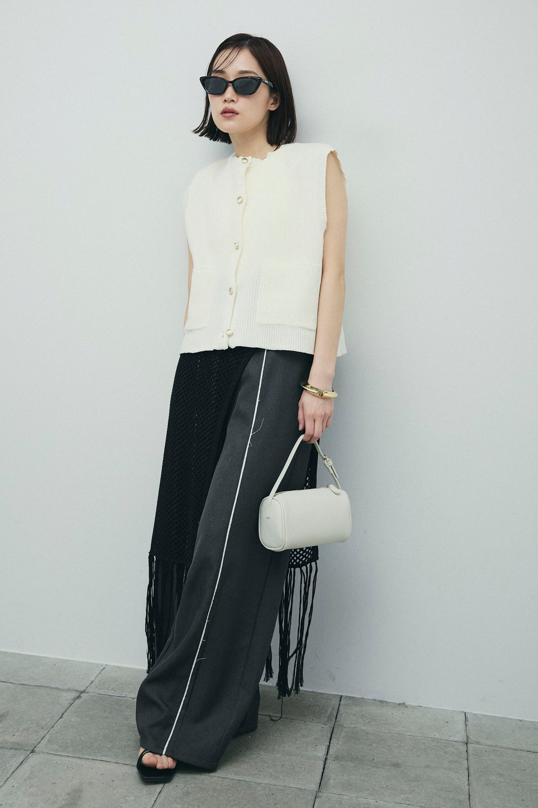 [予約/SET]畦編み金釦ルーズベスト+ヘザーエステルカーブパンツ+メッシュラップスカート(3set)