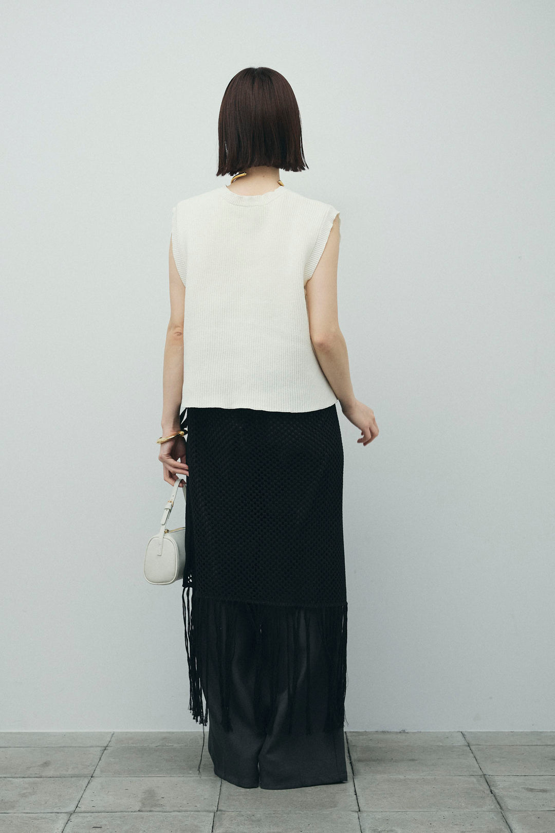 [予約/SET]畦編み金釦ルーズベスト+ヘザーエステルカーブパンツ+メッシュラップスカート(3set)